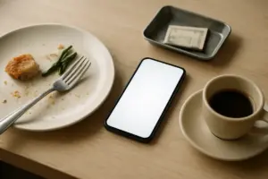 Mobiltelefon på et restaurantbord ved siden af en tallerken og en regning i bakke