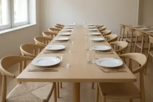 Langt spisebord i en lys restaurant med skandinaviske stole
