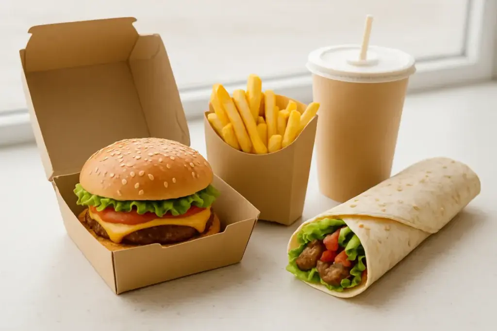 Takeaway med burger, pommes frites og en frisklavet wrap