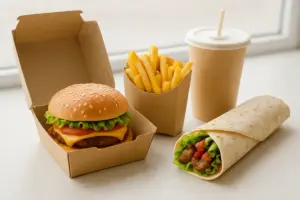 Takeaway med burger, pommes frites og en frisklavet wrap