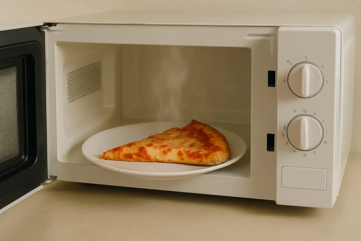 Et stykke pizza på en tallerken i en åben mikrobølgeovn
