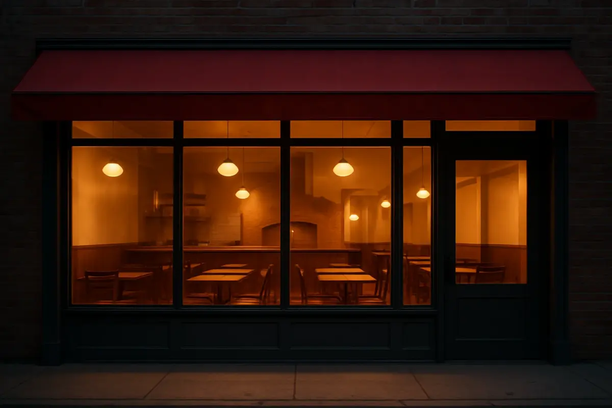 Facade på en pizzarestaurant med store vinduer og varmt lys indefra