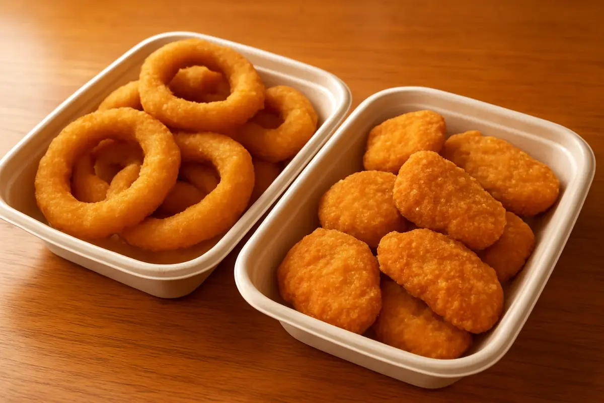 Friturestegte snacks, løgringe og nuggets i papbakker