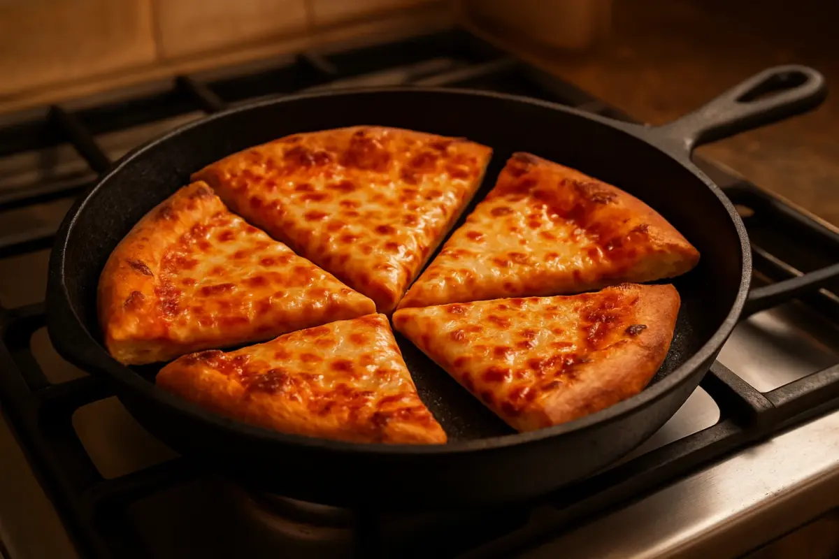 Genopvarmede pizzastykker med sprød bund og smeltet ost på en støbejernspande