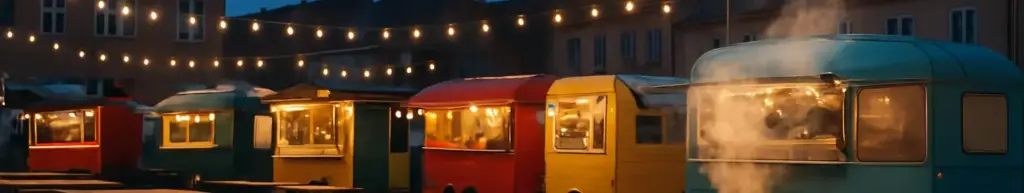 Madboder og langborde med lyskæder på en bytorv til streetfoodfestival i skumringen