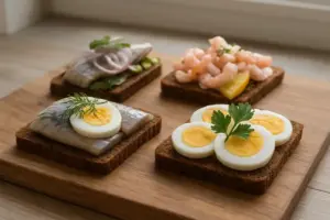 Klassisk dansk smørrebrød med sild, æg og rejer på rugbrød
