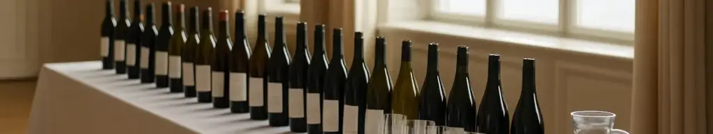 Vinflasker og smagsglas på et langbord til vinmesse i en hotelsal ved fjorden