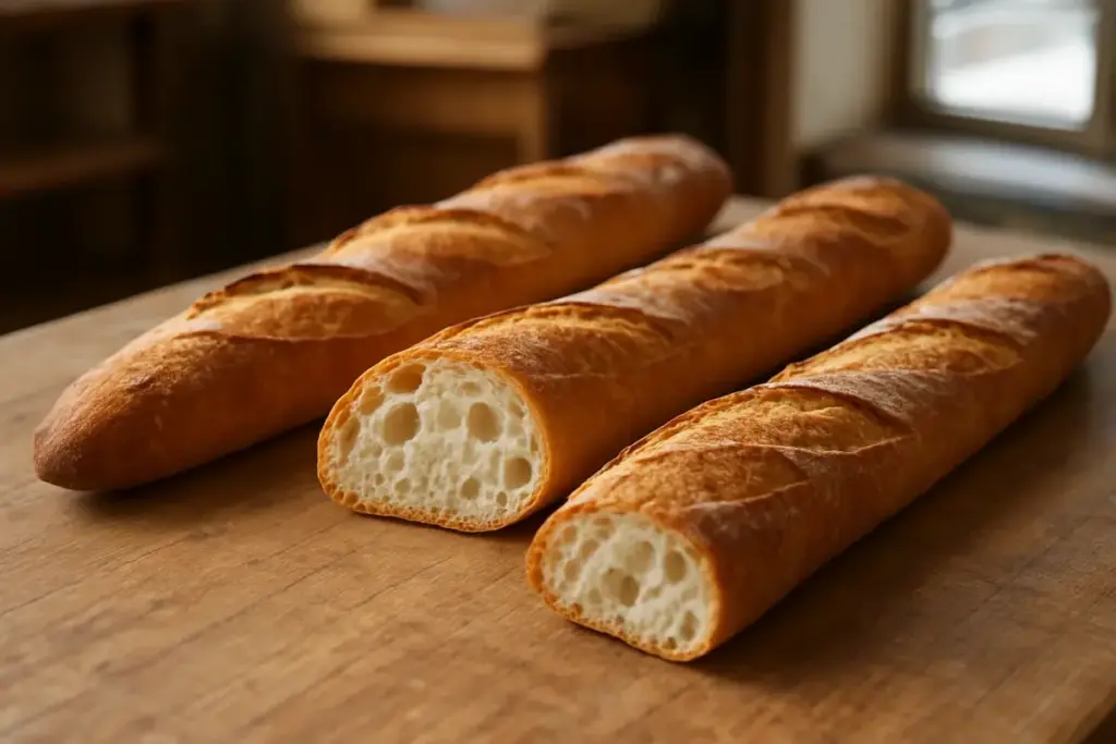 Friske baguetter, den ene skåret op så krummen ses