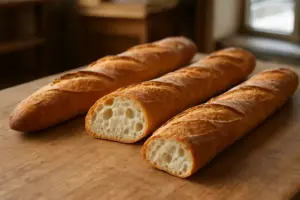 Friske baguetter, den ene skåret op så krummen ses