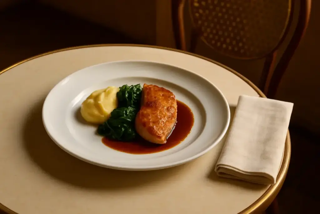 Enkel, elegant anrettet bistroret på hvid tallerken