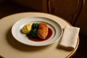 Enkel, elegant anrettet bistroret på hvid tallerken