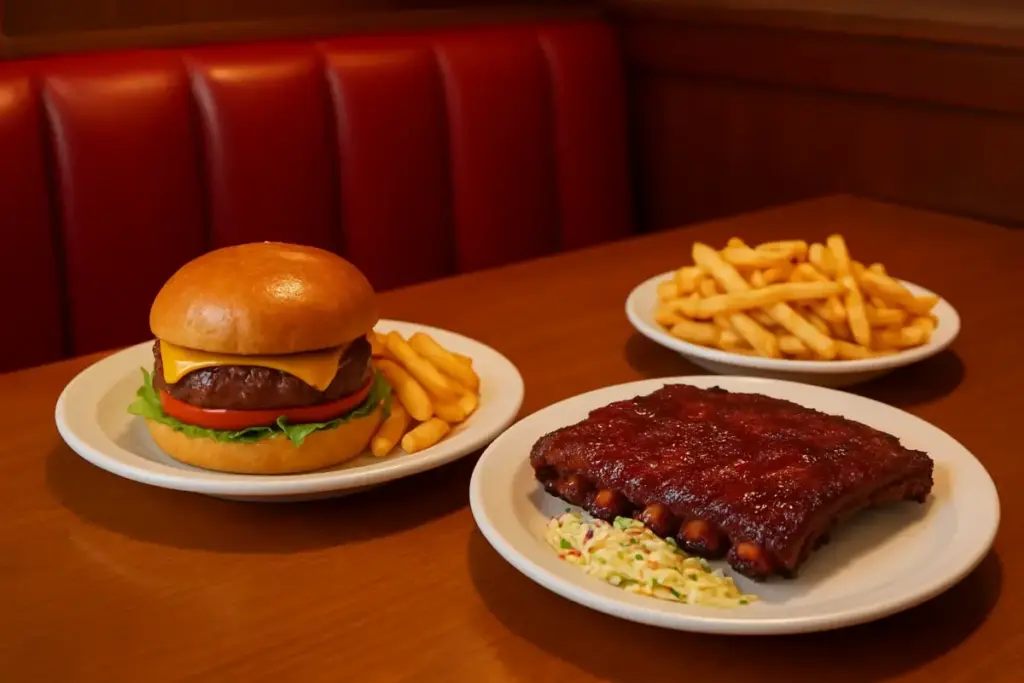 Amerikansk restaurantbord med burger, ribben, coleslaw og pommes frites