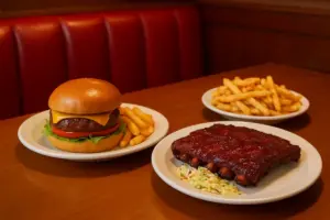 Amerikansk restaurantbord med burger, ribben, coleslaw og pommes frites