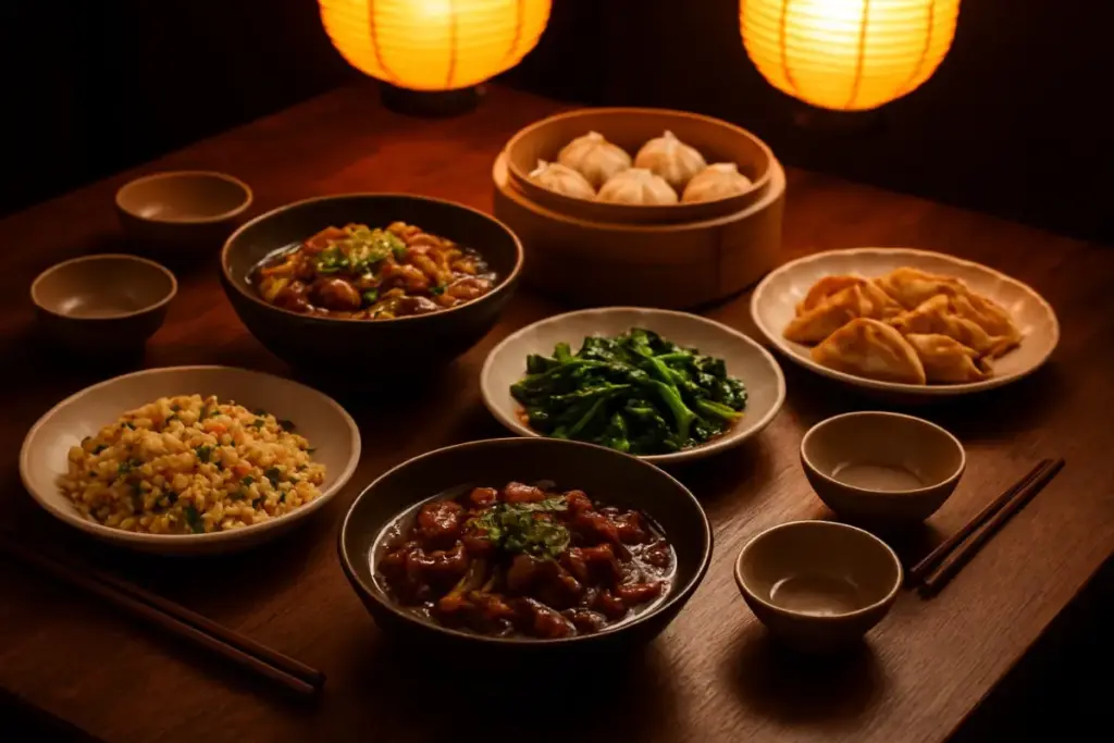 Asiatisk restaurantbord med delte retter og spisepinde
