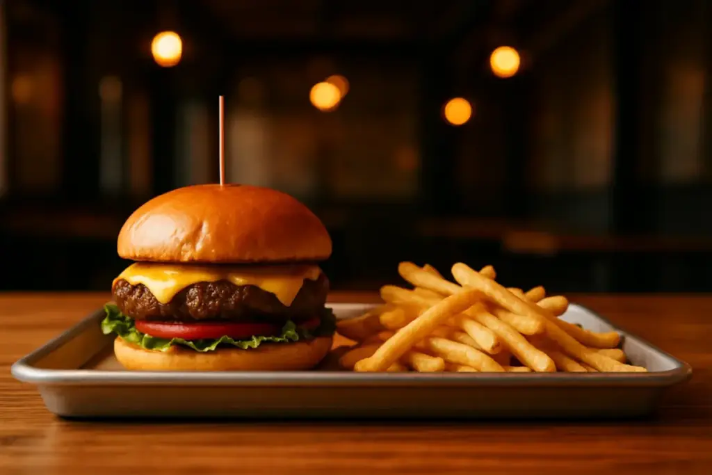 Burger og pommes frites på en bakke i en burgerrestaurant