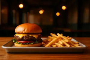 Burger og pommes frites på en bakke i en burgerrestaurant