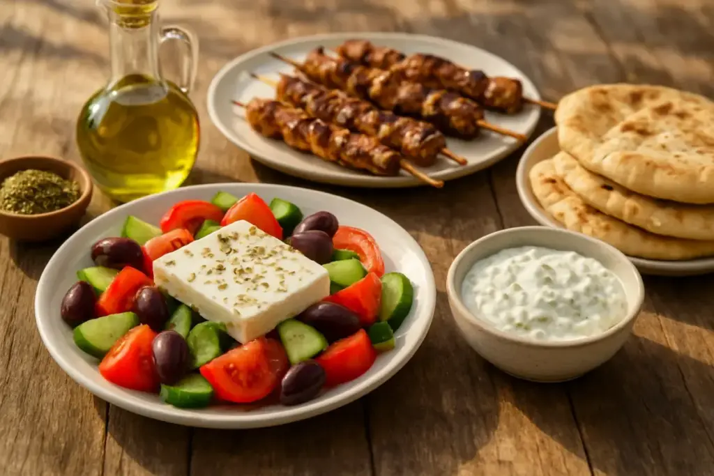 Græske mezeretter med bondesalat, grillspyd, yoghurtdip og varmt pitabrød på et rustikt bord.