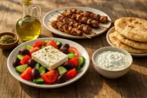 Græske mezeretter med bondesalat, grillspyd, yoghurtdip og varmt pitabrød på et rustikt bord.