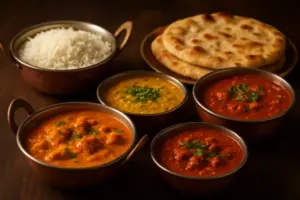 Indiske retter i kobberskåle med naanbrød, ris og karry