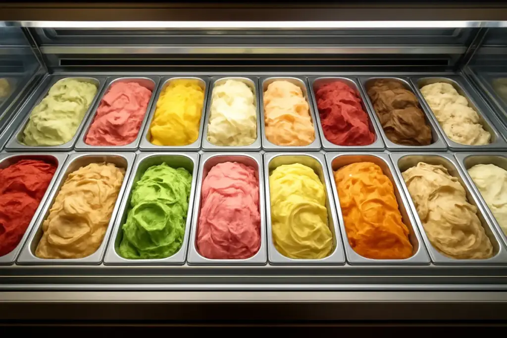 Isbar med rækker af farverig gelato i metalbakker