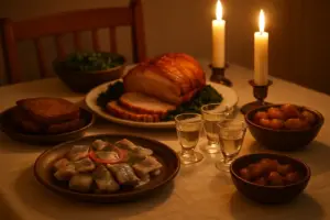 Julefrokostbord med sild, rugbrød, flæskesteg, snapseglas og levende lys
