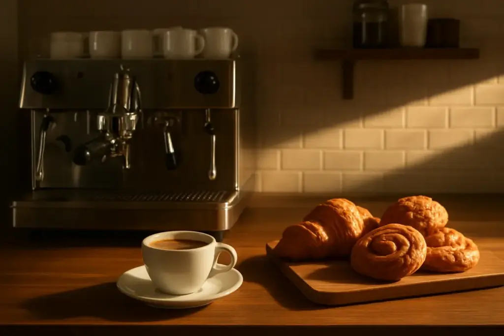 Kaffebar med espressomaskine, en kop kaffe og bagværk