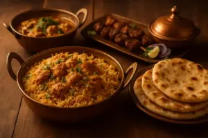 Pakistanske retter med biryani, grillet kød og fladbrød