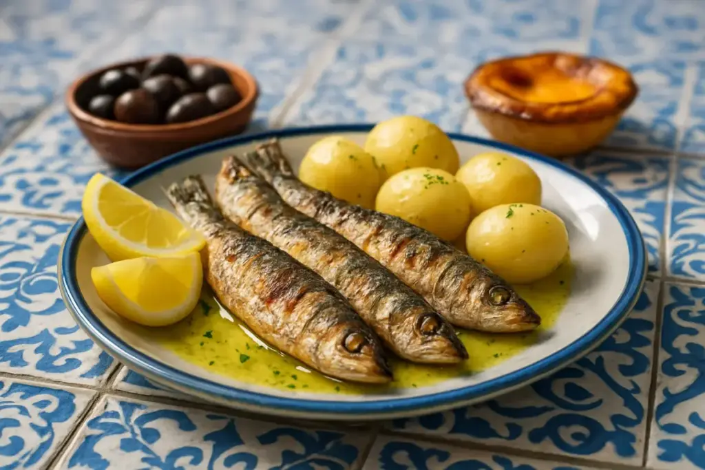 Portugisiske grillede sardiner med citron og kartofler samt oliven og en pastel de nata på et flisebord.