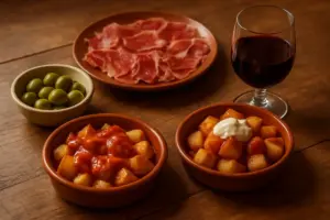 Spanske tapas med oliven, skinke og patatas bravas