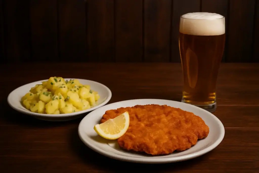 Tyske retter med schnitzel, kartoffelsalat og et stort ølglas