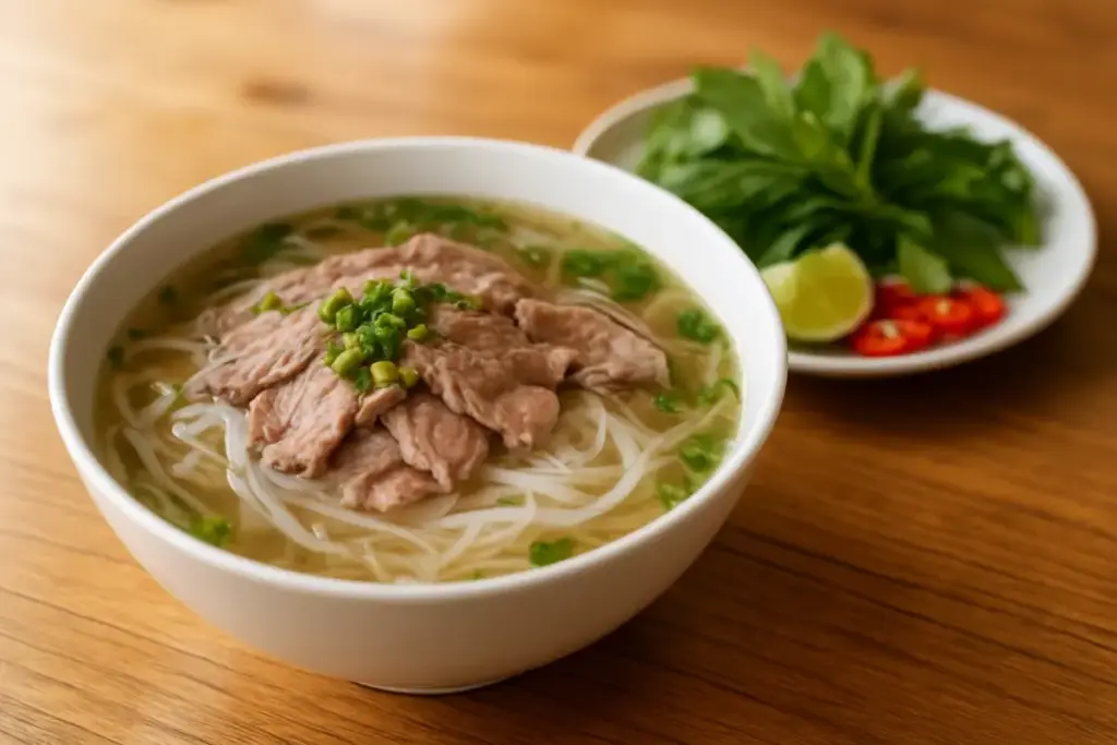 Vietnamesisk phø med risnudler og klar bouillon samt en tallerken friske urter, lime og chili ved siden af.