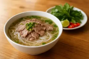 Vietnamesisk phø med risnudler og klar bouillon samt en tallerken friske urter, lime og chili ved siden af.