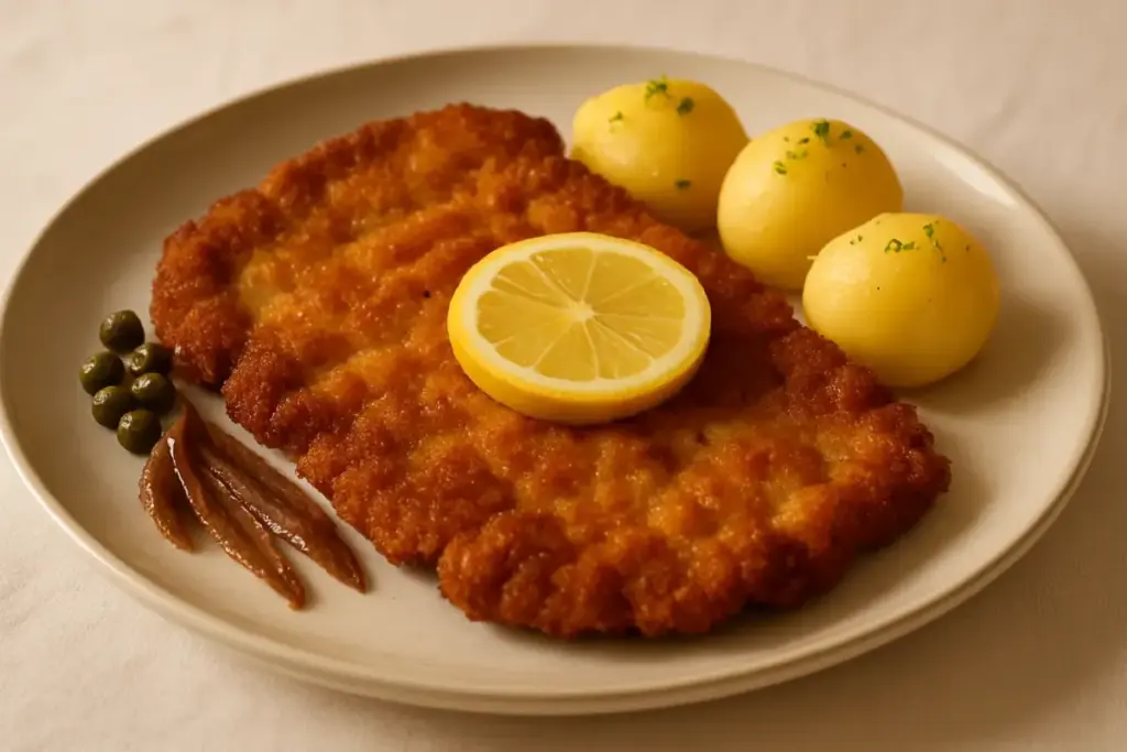 Wienerschnitzel med citron, kapers, ansjoser og kogte kartofler