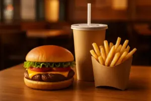 Burger, pommes frites og sodavand på et bord