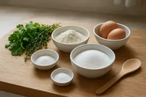 Køkkenbord med afvejede ingredienser i små skåle og friske urter