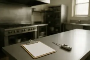 Tomt restaurantkøkken med clipboard og stegetermometer på et stålbord