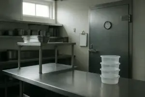 Ryddeligt professionelt restaurantkøkken med termometer ved kølerummet og en clipboard på væggen