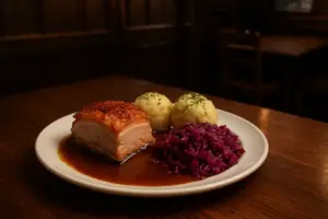 Tysk restaurantbord med flæskesteg, melboller og rødkål