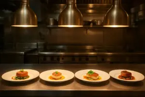 Anretterbord i et professionelt restaurantkøkken med færdige retter