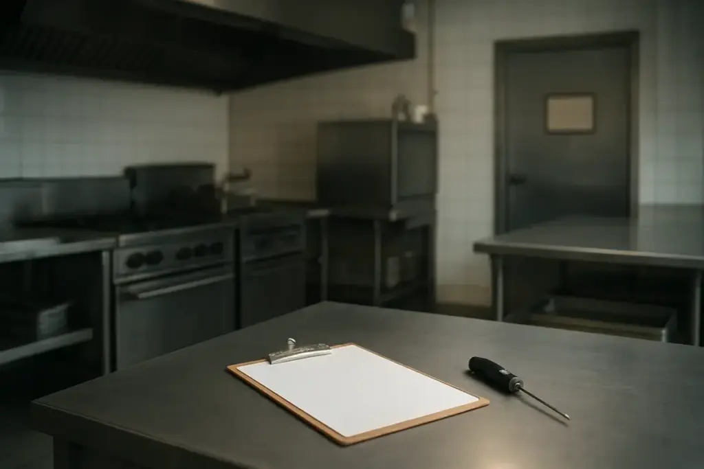 Tomt restaurantkøkken i stål med clipboard og stegetermometer på bordet og en lukket dør med tom skilteholder