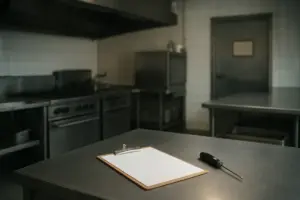 Tomt restaurantkøkken i stål med clipboard og stegetermometer på bordet og en lukket dør med tom skilteholder