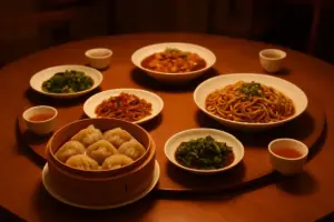 Kinesiske retter på et rundt bord med dumplings, nudler og tekopper