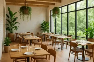 Moderne restaurantlokale med planter og store vinduer