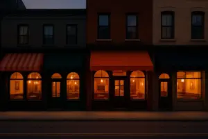 Række af forskellige restaurantfacader i en bygade i skumringen