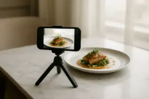 Telefon på stativ rettet mod en anrettet ret på et marmorbord