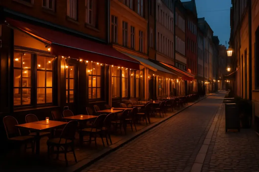 Gade med restauranter i en dansk by om aftenen