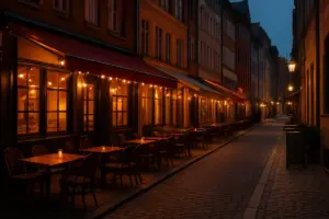 Gade med restauranter i en dansk by om aftenen