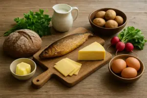 Rustikt bord med danske råvarer, brød, ost og røget fisk