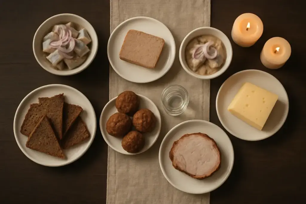 Dansk julebord med marinerede sild, rugbrød, frikadeller, leverpostej og et glas snaps på hvide tallerkener på et mørkt træbord med tændte lys.