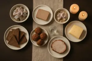 Dansk julebord med marinerede sild, rugbrød, frikadeller, leverpostej og et glas snaps på hvide tallerkener på et mørkt træbord med tændte lys.